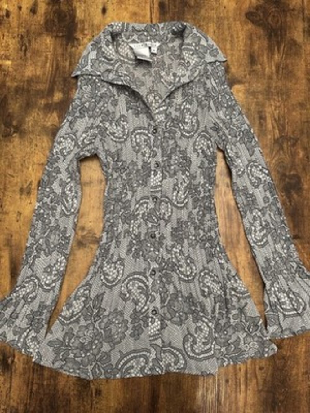 Fred David Vintage Y2K Lace Print Button Up Bell Sleeve Top #217